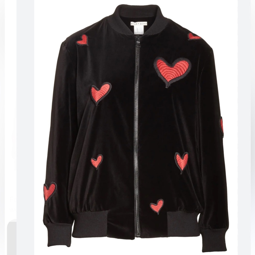 Alice + Olivia Embroidered Heart Velvet Velour Bomber Jacket Black - Small - Picture 4 of 10